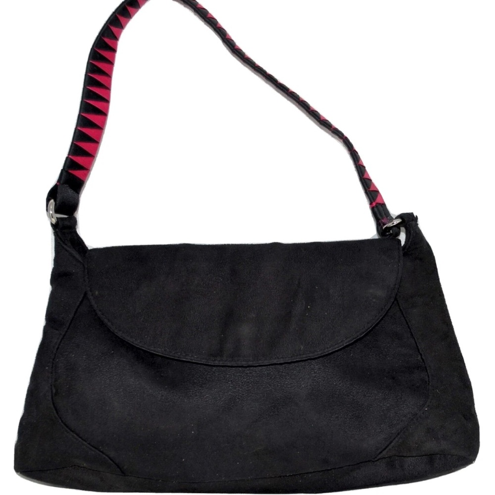 Victoria’s Secret Vintage Y2K Black Suede-Feel Flap Bag Hot Pink Zig Zag Strap - Picture 3 of 8